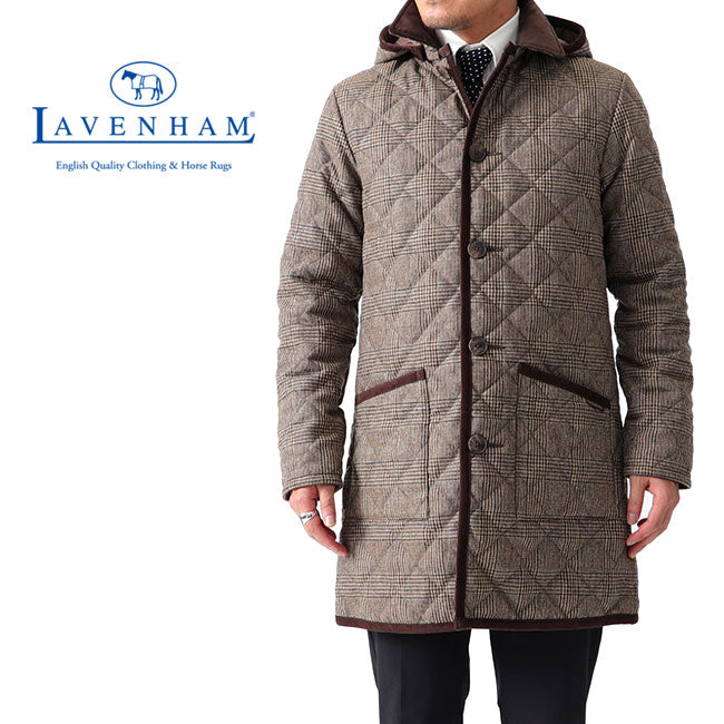 LAVENHAM ラベンハム GRINSTEAD グリンステッド グレンチェック フード付き キルティングウールコート ロングコート (メンズ)