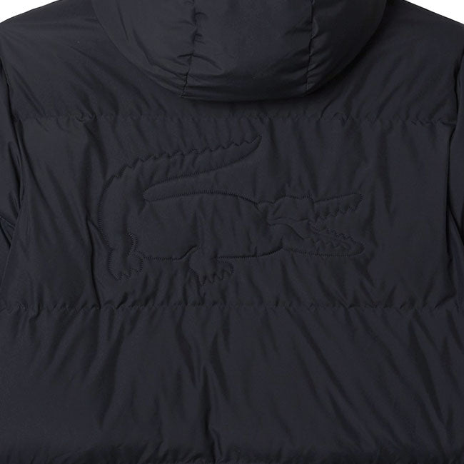 Lacoste ラコステ バックステッチロゴ モノクロ ショート ダウンジャケット BH4484L 黒 フード付き メンズ