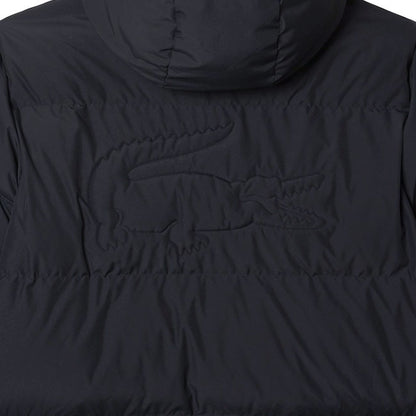 Lacoste ラコステ バックステッチロゴ モノクロ ショート ダウンジャケット BH4484L 黒 フード付き メンズ