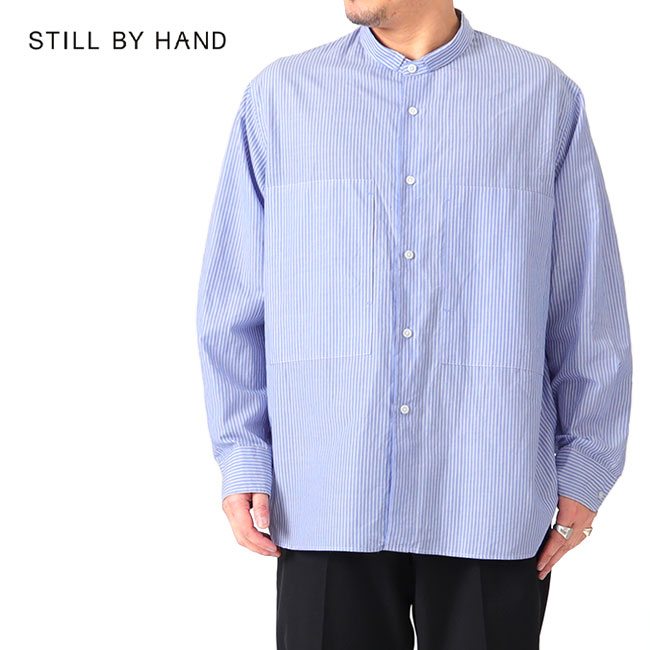 STILL BY HAND スティルバイハンド ストライプ ナローカラー コットンラミーシャツ SH04231 バンドカラー 長袖シャツ メンズ